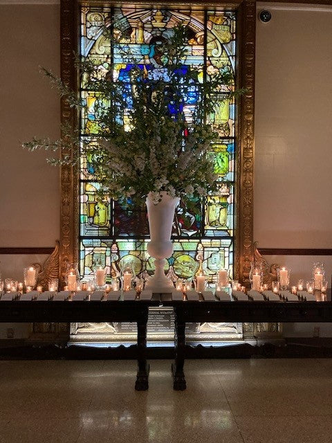 Ceremony floral arrangement for a Westchester church wedding, designed by Perennial Gardens