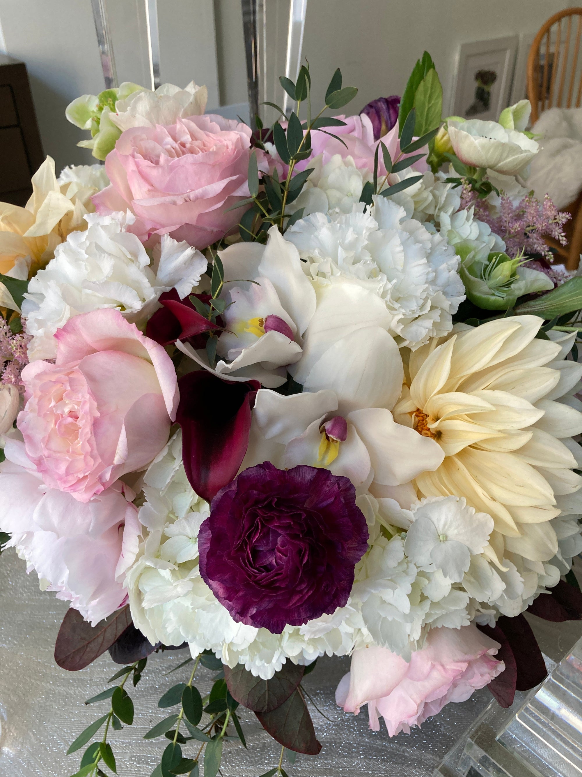 Dahlia and garden rose wedding centerpiece showing seasonal honesty in floral design by Perennial Gardens