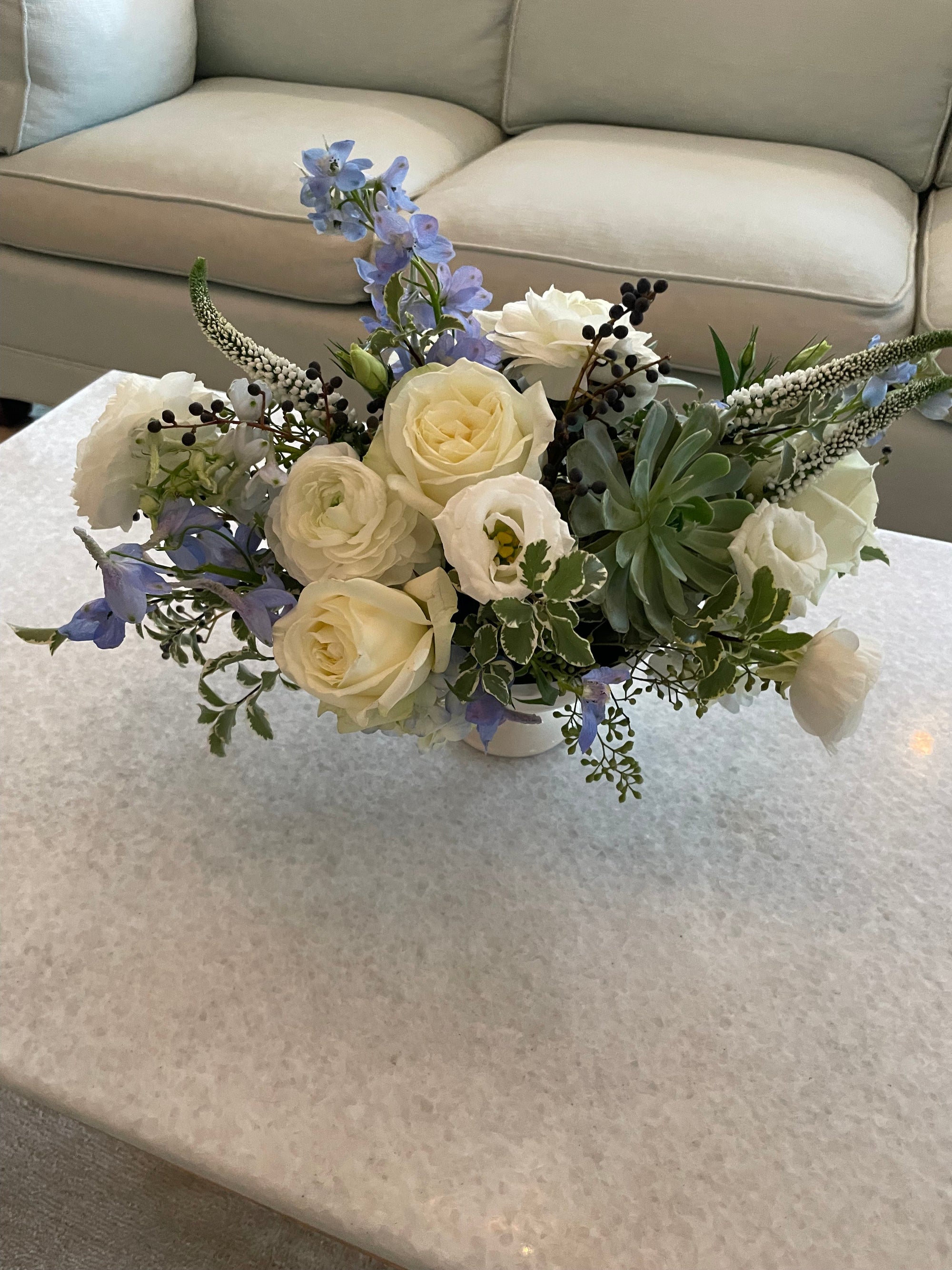 White and blue centerpiece arrangement from Perennial Gardens, delivered to Bronxville, NY