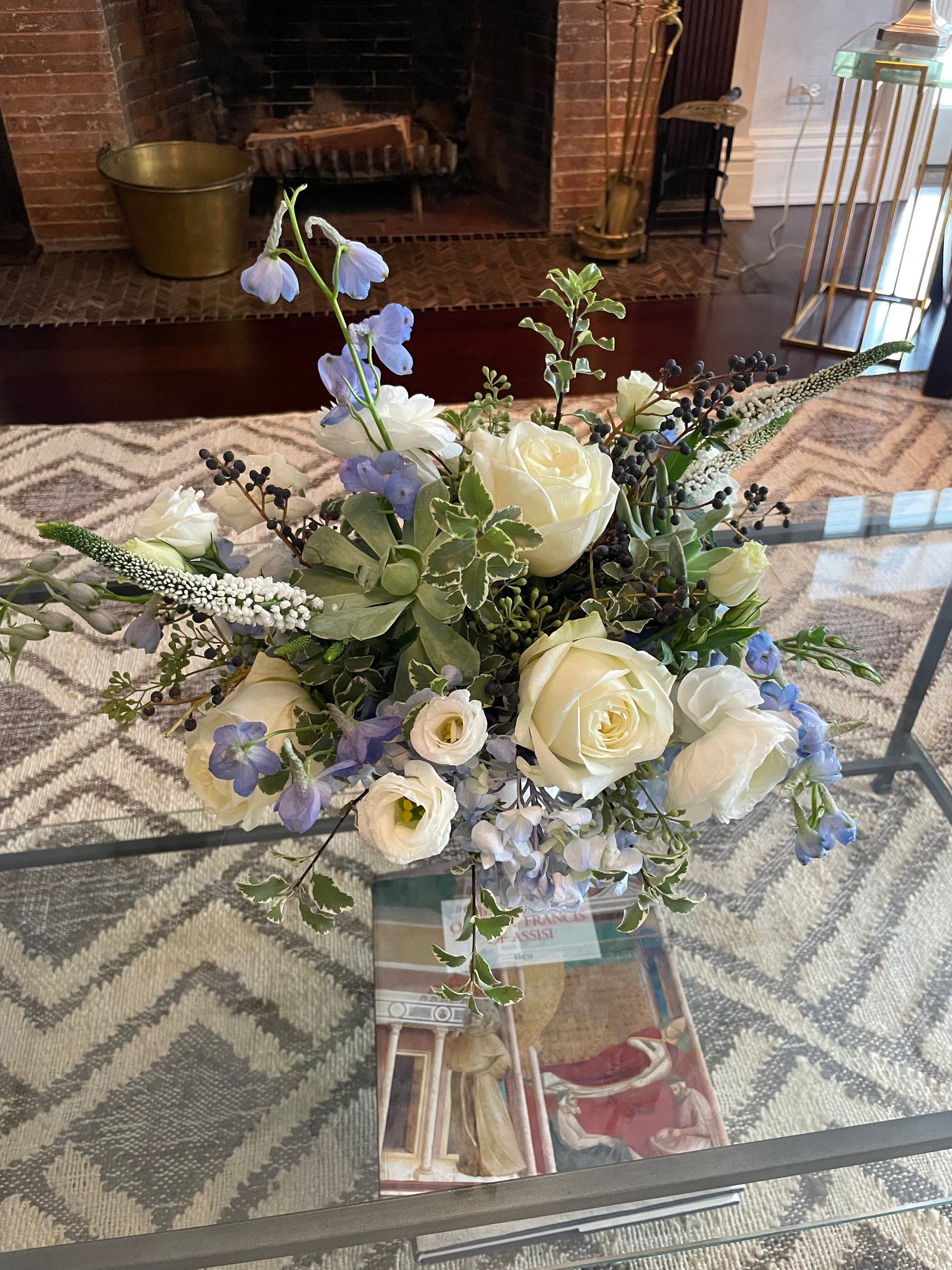 White and blue centerpiece with succulents — Perennial Gardens florist serving Bedford Hills and Pound Ridge