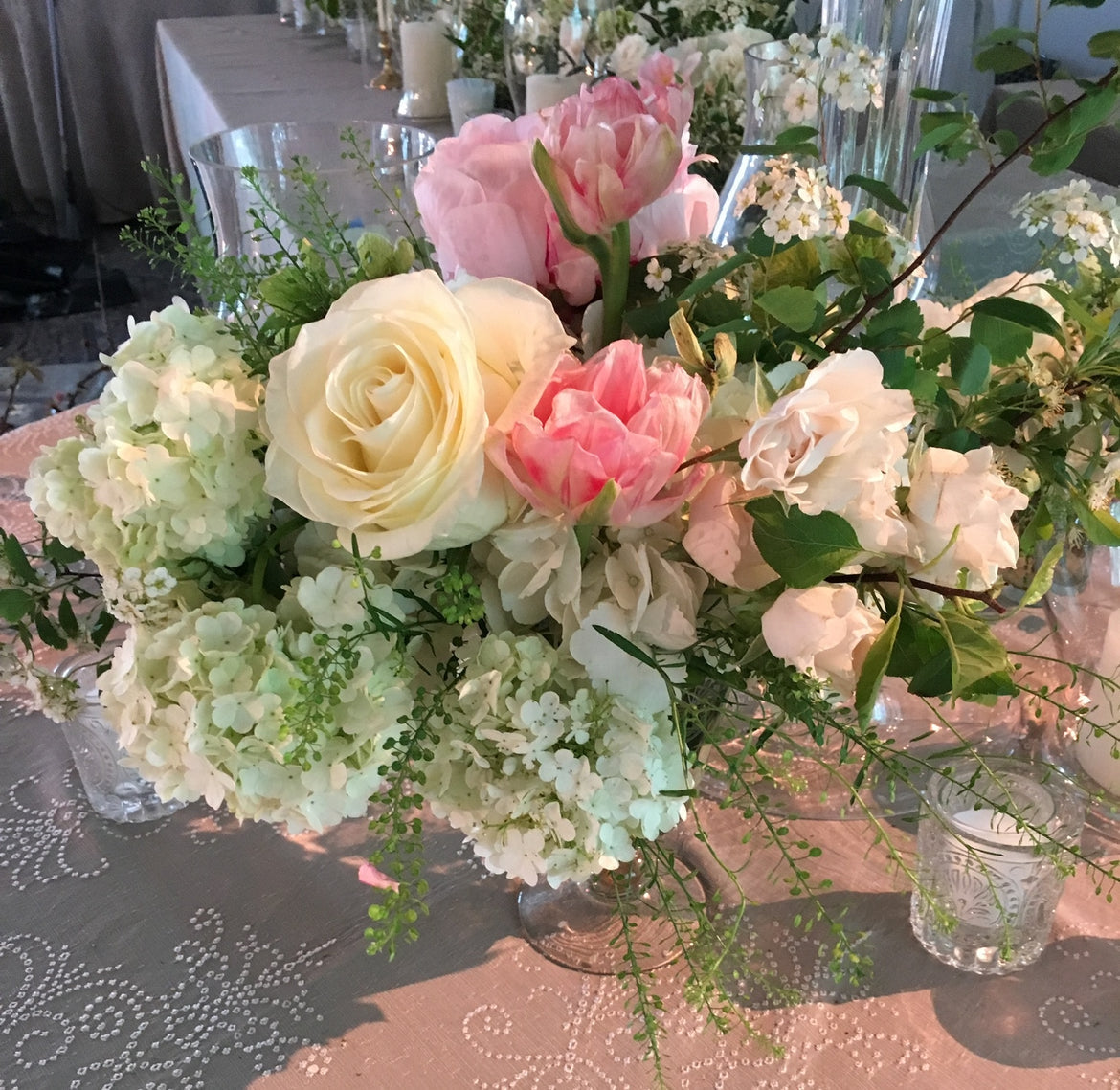 White and pink spring centerpiece by Perennial Gardens, available for Katonah, NY delivery