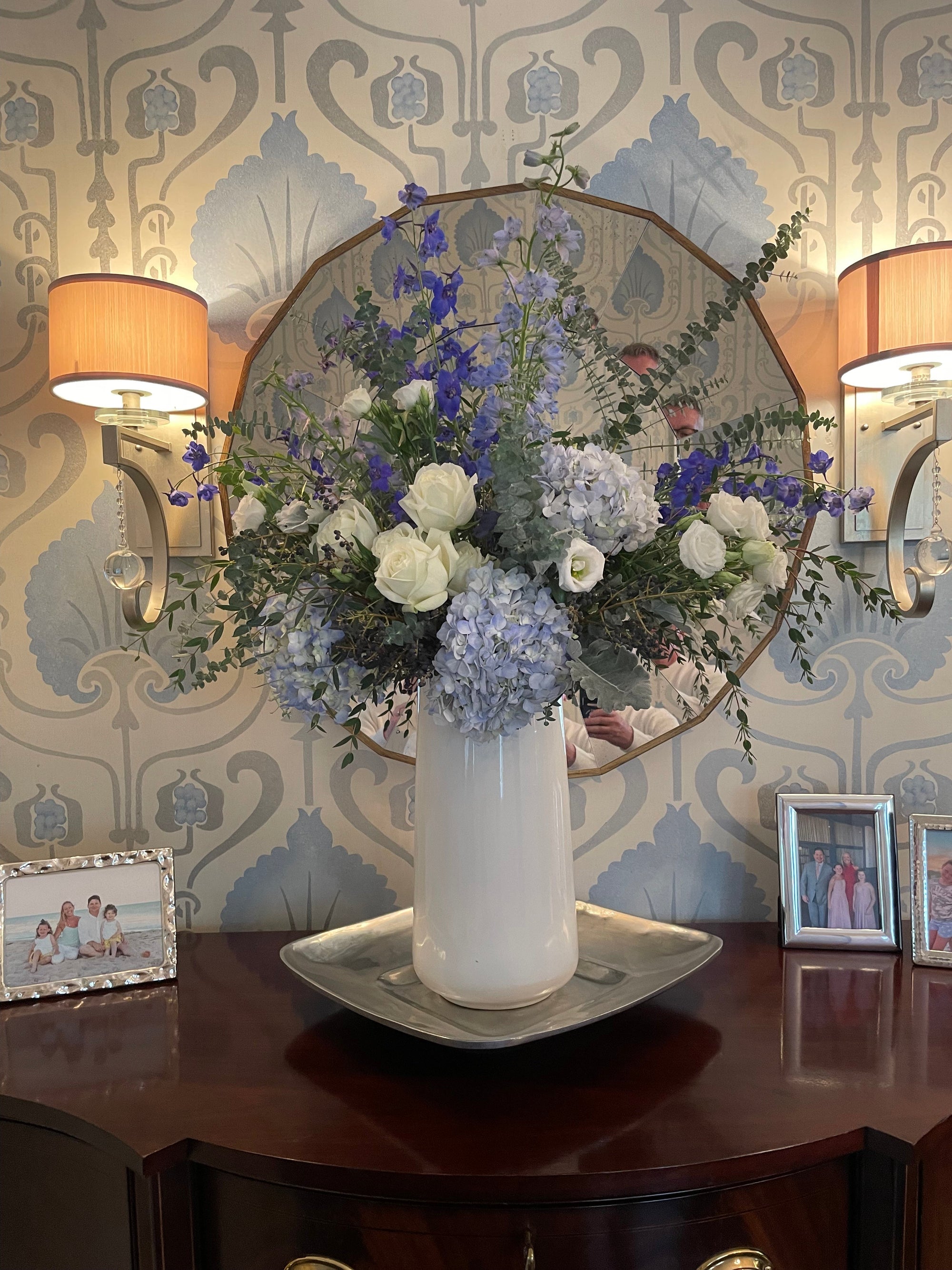Blue and white foyer arrangement designed by Perennial Gardens for Armonk, NY delivery