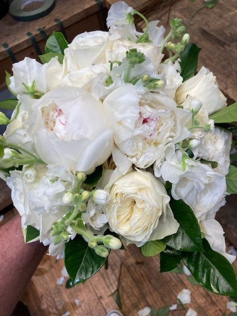 Peony and garden rose arrangement showing seasonal bloom comparison for weddings at Perennial Gardens