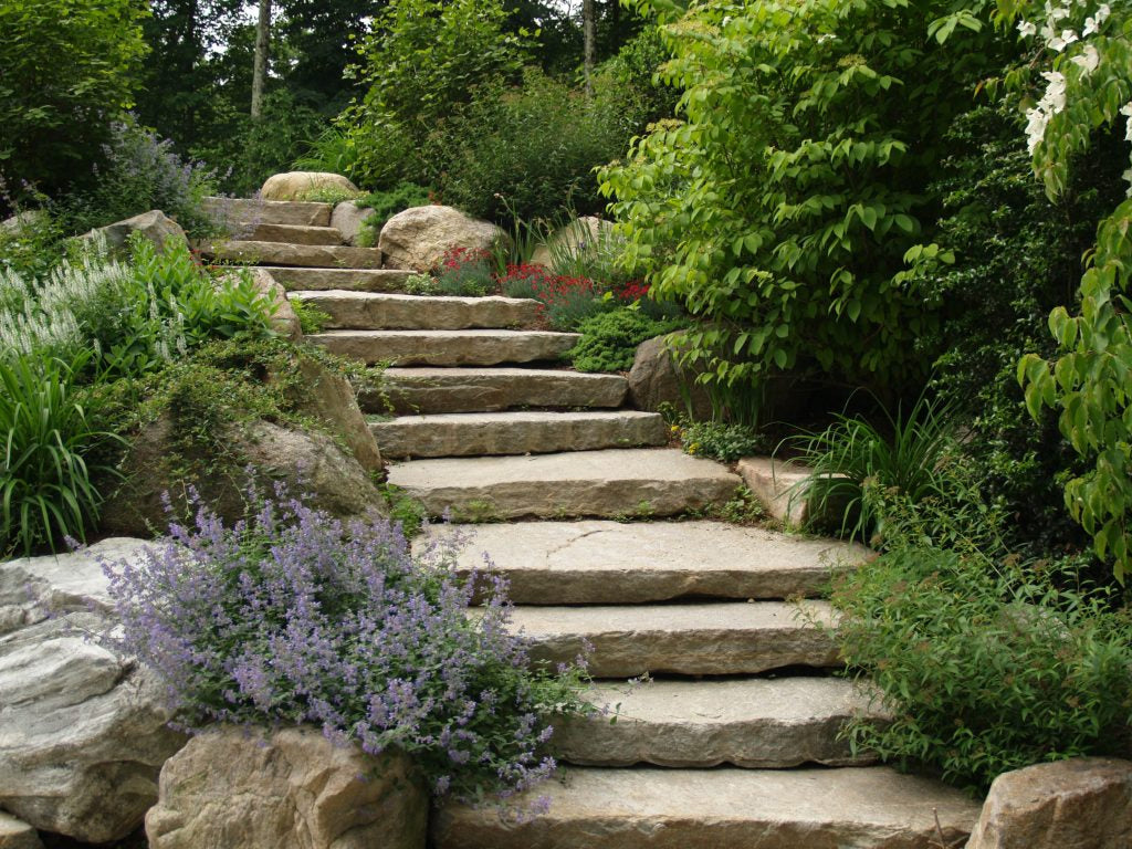 Stone garden steps with early spring plantings