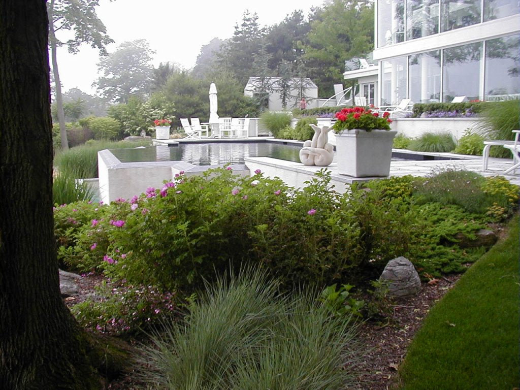 Completed estate landscape with pool and stone