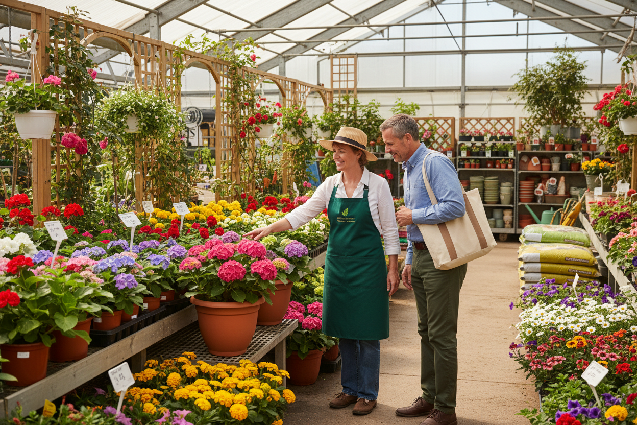 A garden center specialist helping a customer. 