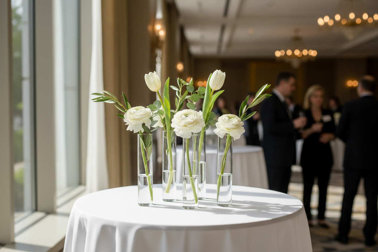 Cocktail table bud vases — set of 6 small bud vases with single stems (white tulip, ranunculus, greenery), upscale networking event, natural light.