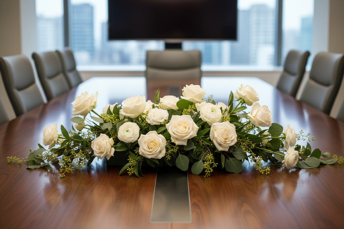 Conference table runner — low elongated arrangement of white roses + eucalyptus + ranunculus, sleek corporate boardroom, shallow depth of field, premium realism.