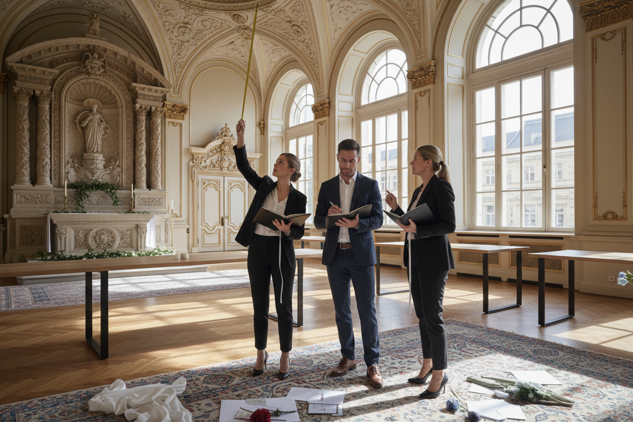 experts assessing a wedding venue to determine floral decor proportions 
