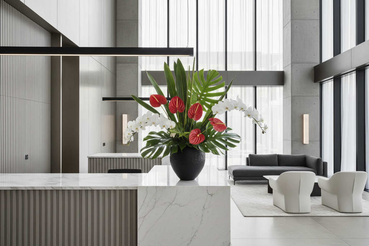 Modern reception arrangement — white orchids + anthurium + glossy foliage in matte black ceramic vase, minimalist lobby setting, soft daylight, high-end editorial photo.