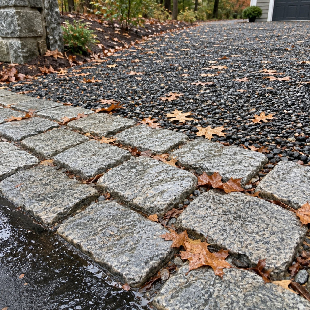 Granite Belgian block edging along a crushed-stone driveway with fallen oak leaves
