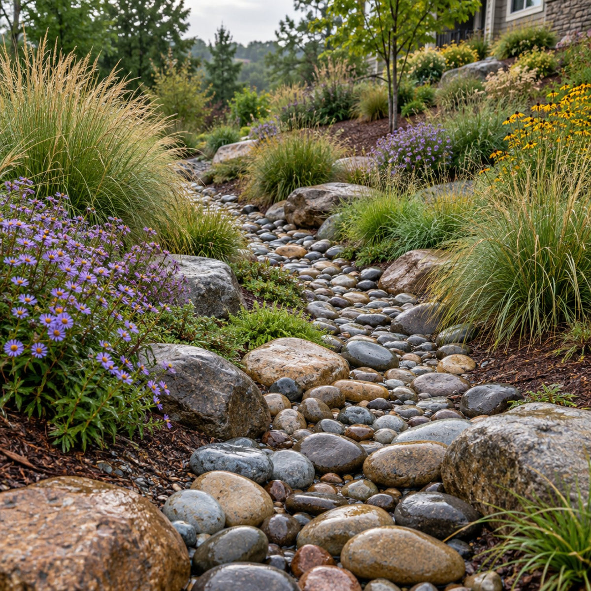 Dry creek bed of rounded river stone winding through ornamental grasses and asters