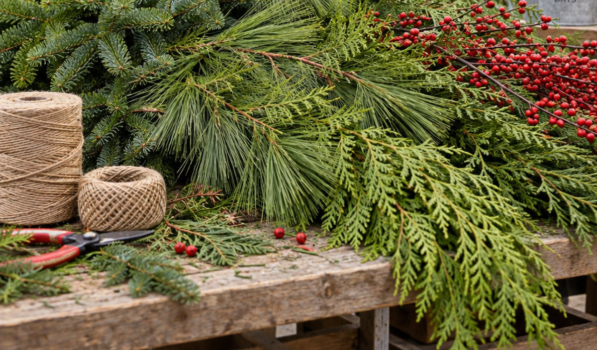 Fresh balsam fir, white pine, cedar and winterberry branches on a worktable