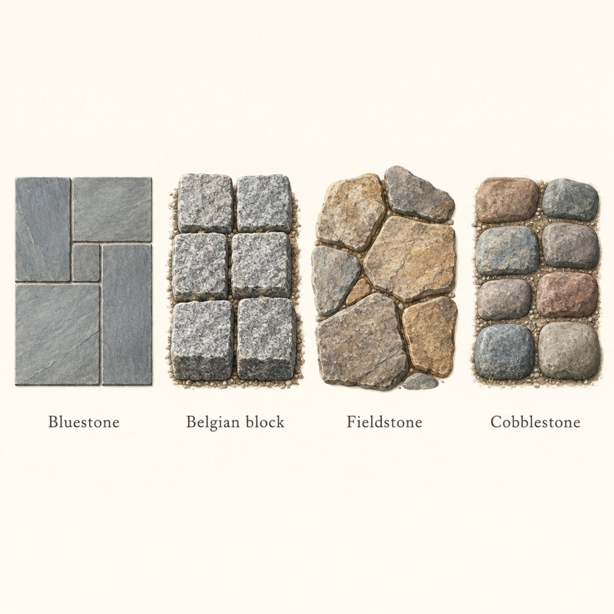 Illustration comparing bluestone, Belgian block, fieldstone and cobblestone paving
