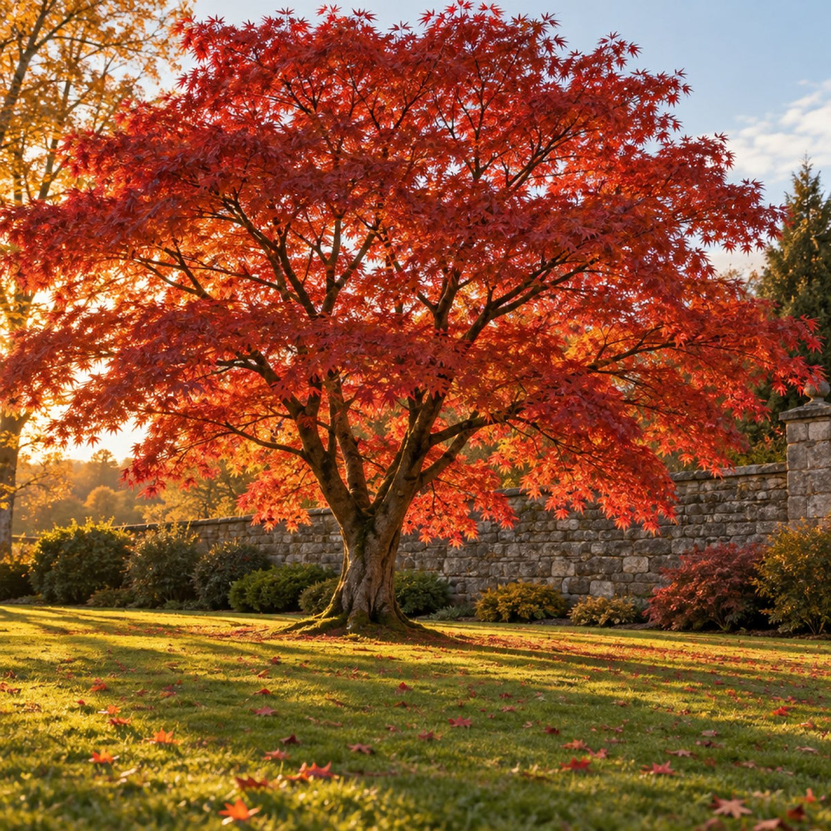 Mature Japanese maple in full autumn color on a lawn beside a stone wall