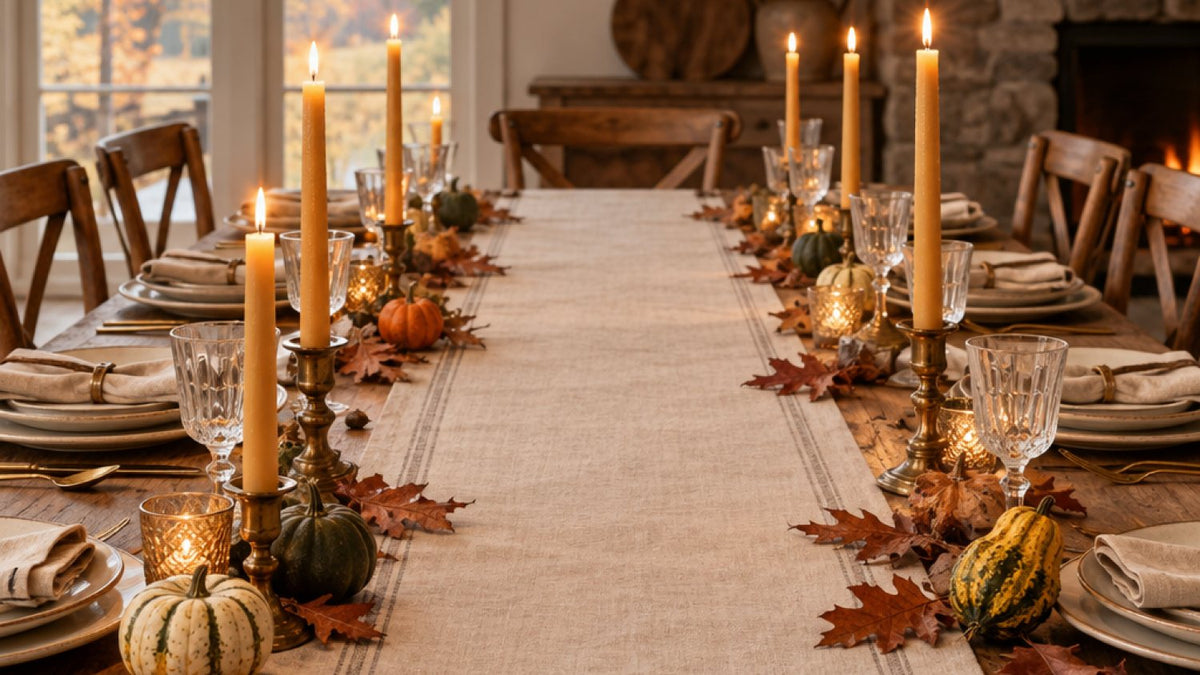 Harvest table set with a linen runner, taper candles, oak leaves and small gourds