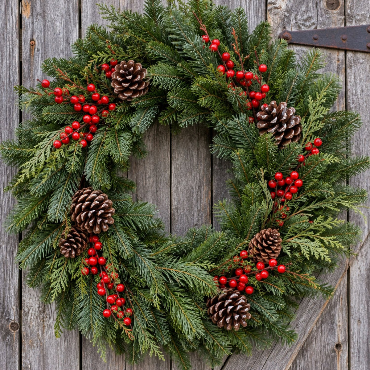 Fresh balsam wreath with pinecones and winterberry on a weathered barn door
